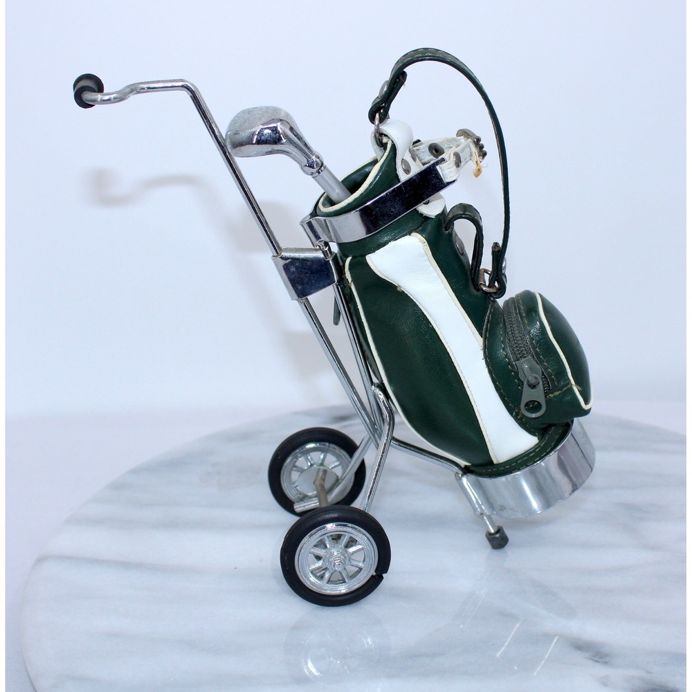 Vintage Miniature Golf Bag Desk Pen Holder Set Green White Chrome Pull Cart - Picture 3 of 5